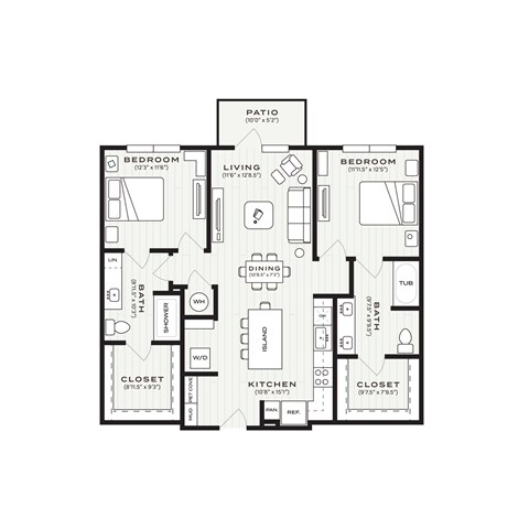Floor plan for 2 beds, 2 baths, 1125 sqft